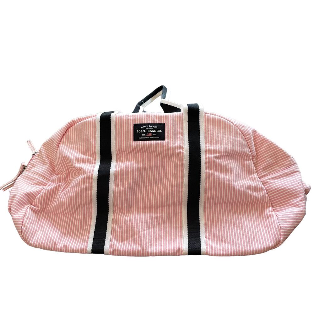 Vintage Ralph Lauren Polo Canvas Tote Bag Pink White Pinstripes Navy Handles NOS